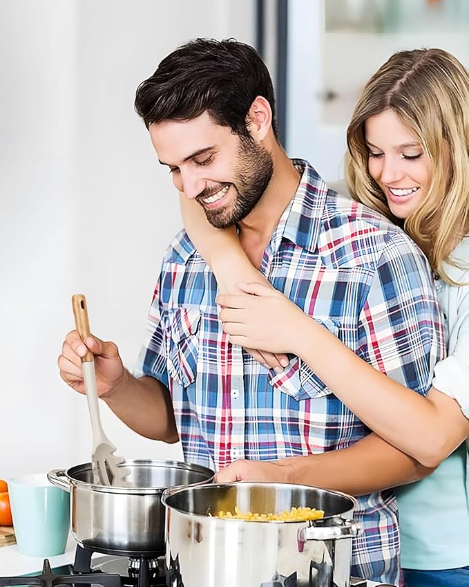 Silicone Pasta Fork And Cooking Spoon, Kitchen Heat Resistant Noodle Spoon Server, BPA Free Spaghetti Strainer,12.8 inch