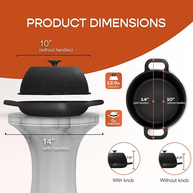 Enameled Cast Iron Dutch Oven for Sourdough Bread Baking | 6 Quart Pot with Lid | 10 Inch Ceramic Enamel Thick Coated Cookware Set with Non Stick Silicone Baking Mat for Cooking | 6 Qt |Black