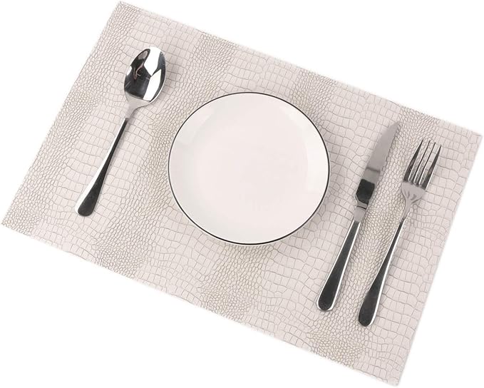 Waterproof PU Placemats, Faux Leather Hardboard Place Mats, Set of 8 Table Mats, Easy to Clean, Heat & Stain Resistant for Office Conference Table, Dining Home Decor, White