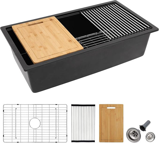 33 Granite Composite Kitchen Sink - Fulorni 33"x19" Granite Kitchen Sink Undermount Ledge Workstation Matte Black Quartz Classic Under Counter Single Bowl Sink Basin, FL-GRUS33B