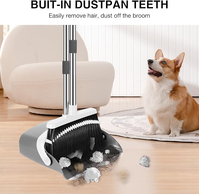 NACENA Broom and Dustpan Set, 52-in Long Adjustable Handle Broom Dustpan Combo with Dustpan Teeth to Automatically Clean Hair Suitable for Home Kitchen Office Hall Floor(Grey&White)