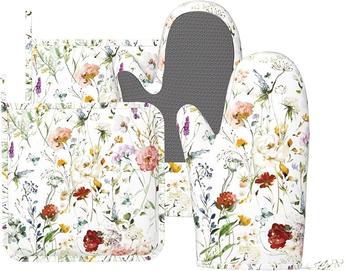 Wildflower Flower Oven Mitts and Pot Holders Set of 4 Silicone Boho Butterfly Hydrangea Kitchen Mitten Gloves and Watercolor Florals Potholders Set Oven Gloves Hot Holders for Kitchen