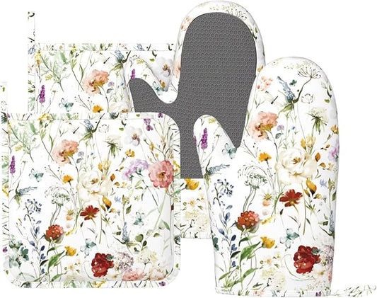 Wildflower Flower Oven Mitts and Pot Holders Set of 4 Silicone Boho Butterfly Hydrangea Kitchen Mitten Gloves and Watercolor Florals Potholders Set Oven Gloves Hot Holders for Kitchen