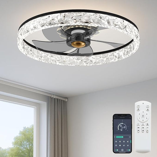 20'' Ceiling Fan with Light, Upgraded Low Profile Fan, Flush Mount Ceiling Fan, 6 Speeds, Dimmable LED, App & Remote Control, Quiet DC Motor, for Bedroom, Living Room, F098 Black