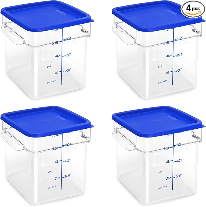 4 Pack Food Storage Containers with Blue Lids, 8.0 Qt - Square, Clear, Polycarbonate