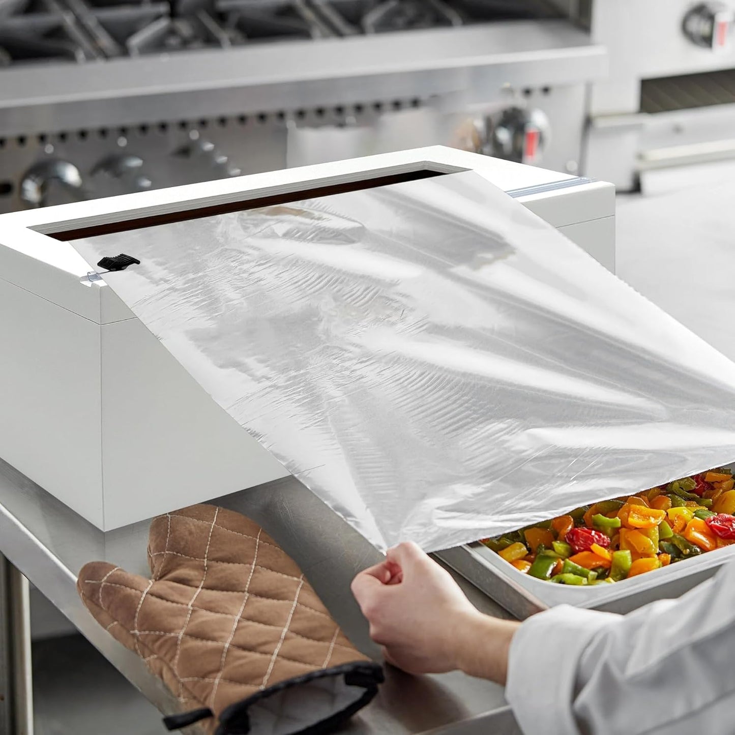 White 18 Inch Commercial Plastic Wrap Dispenser with Cutter & Roller - Heavy Duty 3000ft Film & 1000ft Foil Holder - Fits Butcher, Freezer, Kraft Paper for Restaurant Kitchen Food Service