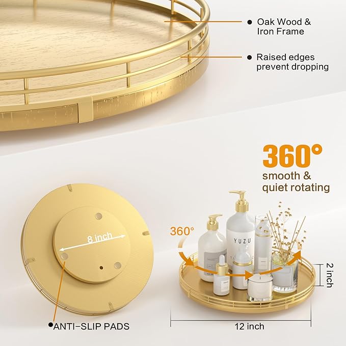 12" Gold Lazy Susan for Table Top, Oak Wood Lazy Susan Turntable Organizer for Dining Coffee Table Centerpiece Bar Decor Kitchen Countertop Bathroom Vanity Decorative Tray for Perfume Jewelry Round