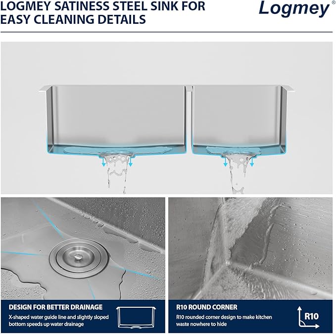 Logmey 33 Inch Double Farmhouse Sink - Apon Front Double Kitchen Sink 16 Gauge Stainless Steel Farmhouse Sink 33x20x9 Inch Double Bowl 60/40 Kitchen Sink