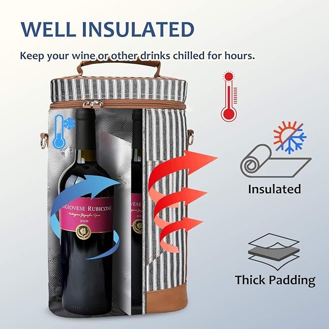 Tirrinia 2 Bottle Wine Gift Tote Carrier - Leakproof & Insulated Padded Versatile Wine Cooler Bag for Travel, BYOB Restaurant, Wine Tasting, Party, Dinner,Gift for Wine Lovers, Black Stripe