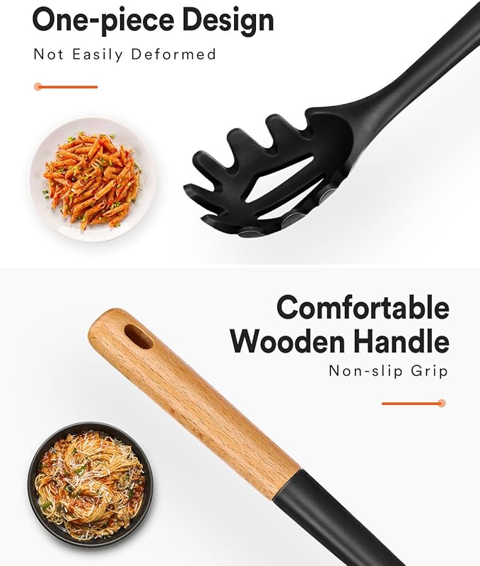 Silicone Pasta Fork, Kitchen Heat Resistant Noodle Spoon Server, BPA Free Spaghetti Strainer,12.8 inch