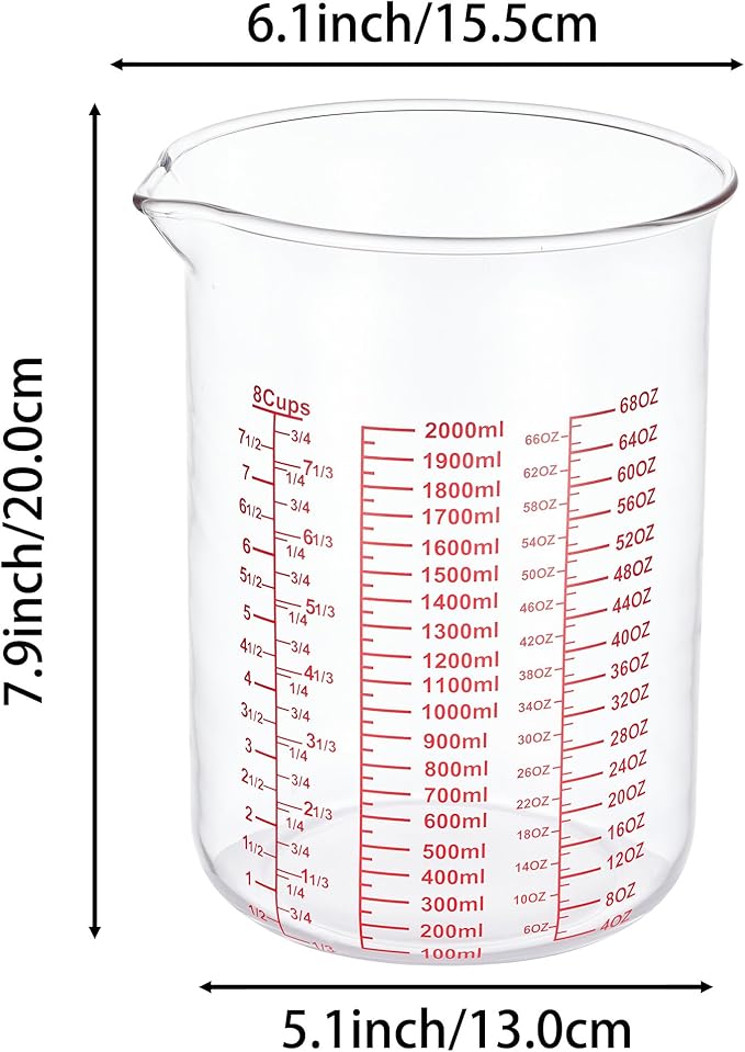 High Borosilicate Glass Measuring Cup-V-Shaped Spout，Glass Measuring Beaker for Kitchen or Restaurant, Easy to Read, 2000 ML (64 Oz, 8Cup)