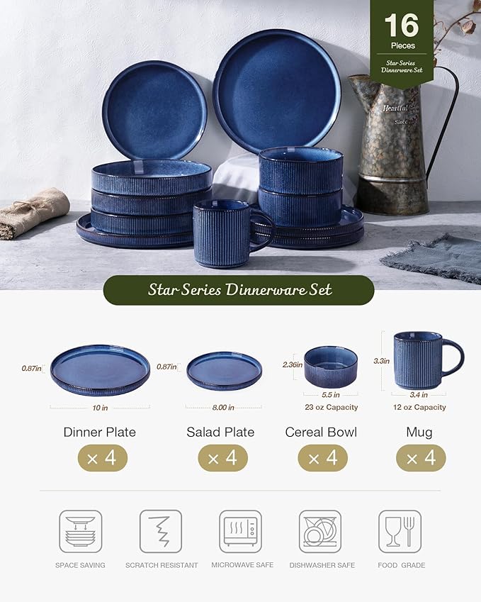 Famiware Star Dinnerware Set with Mugs, Service for 4 (16pcs), Ribbed Stoneware Plates and Bowls Dishes Sets - Chip & Scratch Resistant, Microwave & Dishwasher Safe, Nebulas Blue