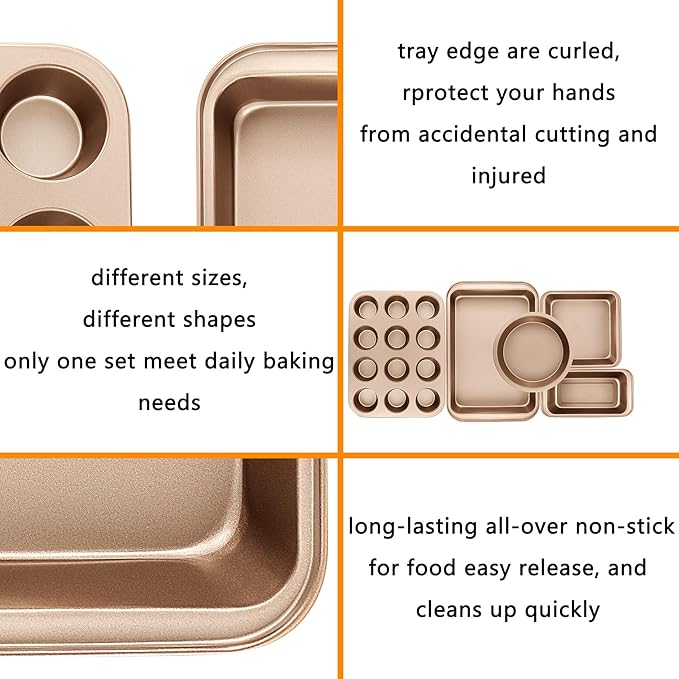 Nonstick Baking Pans Set, 5-Piece Kitchen Baking Sheets for Oven, Bakeware Sets with Round/Square Cake Pan, Muffin Pan, Loaf Pan, Roast Pan, mobzio Cookie Sheet Set Baking Supplies (Champagne Gold)