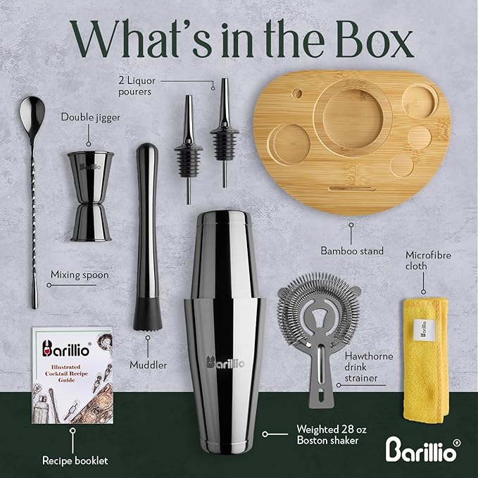 Barillio Black Mixology Bartender Kit with Stand - Cocktail Shaker Set with Bamboo Stand, Boston Drink Shaker, Mojito Muddler, and Drink Mixer Spoon - 9-Piece Bar Tools Set - Bar Accessories for Home