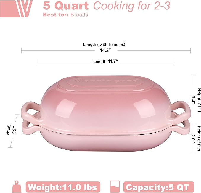 Enameled Cast Iron Sourdough Bread Oven, Dutch Oven, Loaf Cast Iron Bread Pan for Homemade Bread Baking, Meatloaf Pan with Lid, 5QT, Pink