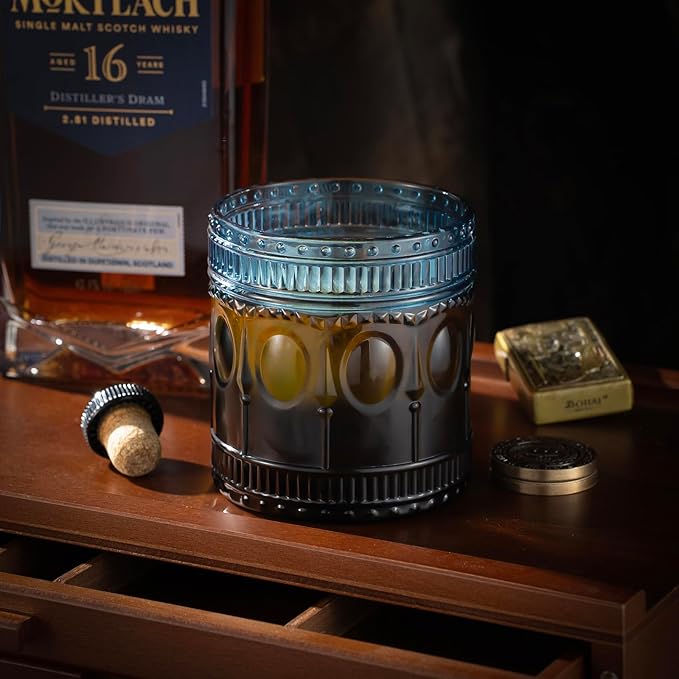 6-pack Vintage Drinking Glasses, Indian style,14 oz Large Modern Glass Tumbler, Embossed Patten Double Old Fashion Glass, Ripple Glassware (Cornflower Blue)