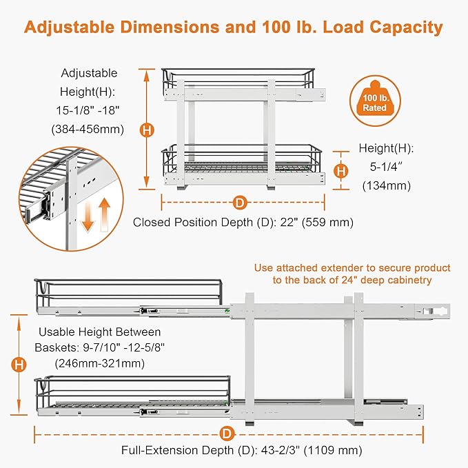 ALINE FURNITURE 2-Tier Pull Out Cabinet Organizer - 14" W x 22" D Soft Close Pullout Shelves with Shelf Liners - Slide Out Drawers for Kitchen Cabinets, Pantry, Bathroom, Heavy Duty Steel Wire Baskets