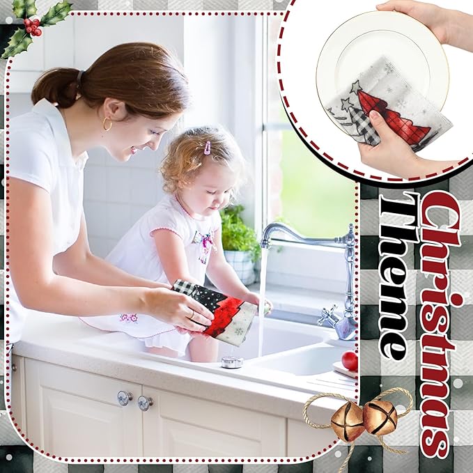 36 Pcs Christmas Reusable Paper Towels Rolls Washable Bulk Winter Christmas Snowman Snowflake Black White Plaid Dish Towels Paperless Cloth Cotton Napkins with Cardboard for Kitchen Bathroom