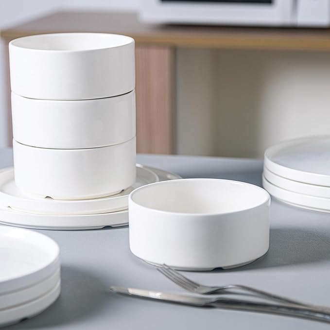 12 Pcs White Dinnerware Set for 4, Porcelain Kitchen Plates and Bowls Set, Ceramic Chip and Scratch Resistant Dishs Set - Dishwasher & Microwave Safe, QOMO-1996