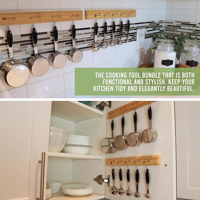 Premium Culinary Precision Bundle: Includes Two 100% Natural Bamboo Hanging Rack Organizer and 9-pc Stainless Steel Measuring Cups and Spoons Set