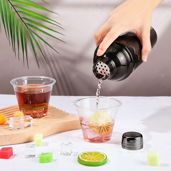 Nitial 6 Pcs Bar Cocktail Shaker Professional Stainless Steel Martini Drink Mixer Built-in Strainer for Bartending No Leaks Shaker for Bar Party Drink Mixer (Black,25 oz)