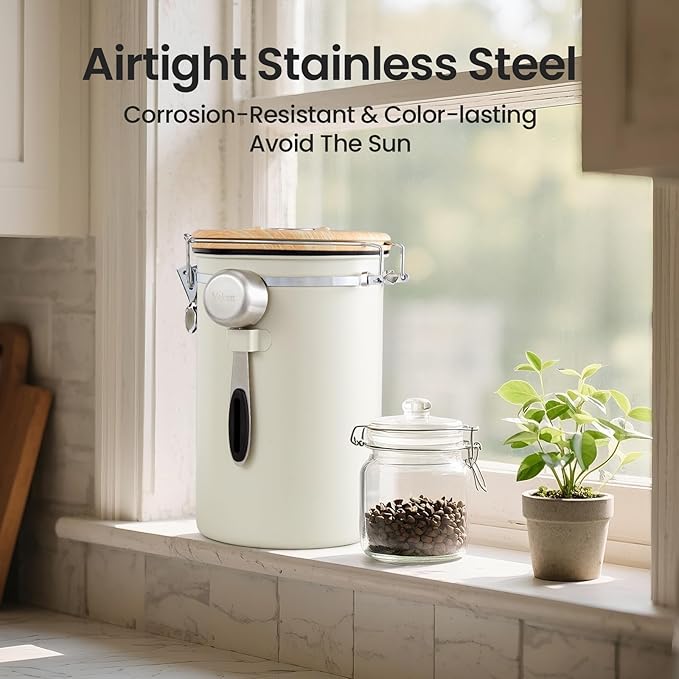 Veken Coffee Canister, 39OZ Large, Airtight Stainless Steel Food Storage Container for 2.2lbs Coffee Beans, Ground, Sugar, Tea, Flour, Cereal, Kitchen Bar Accessories with Date Tracker & Scoop, Cream