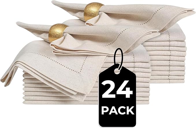 Bedding Craft Linen Flax Cotton Cloth Napkins 18x18 Set of 24 – Natural Hemstitched Corners – Machine Washable Fabric Napkins for Dinner, Weddings, Baby Showers & Everyday Table Settings