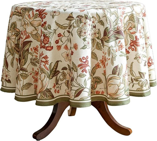 French Tablecloth for Round Tables,Linen Table Cloth with Colorful Flowers Pattern,Heavy Durable Table Cover for Dining Thanksgiving Kitchen Decor Party Christmas,Diameter 67"