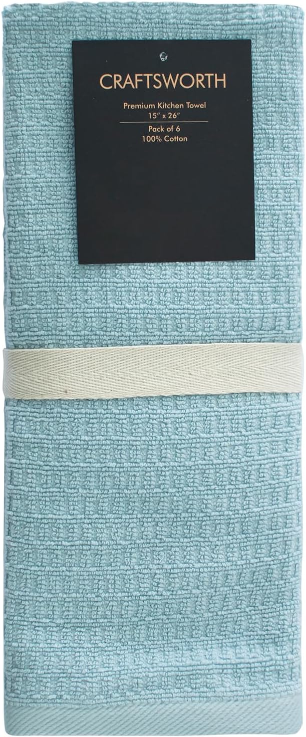 CRAFTSWORTH 100% Ring Spun Cotton Kitchen Towels, Pack of 6, 400 GSM, Super Soft & Absorbent, Aqua Solid, 15 x 26 Inches