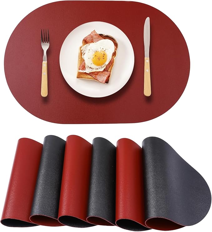 Oval Placemats Set of 6 Reversible Black and Red Faux Leather Placemat Waterproof PU Table Mats Heat Resistant Anti Slip Washable Place Mat for Indoor and Outdoor Dining Table