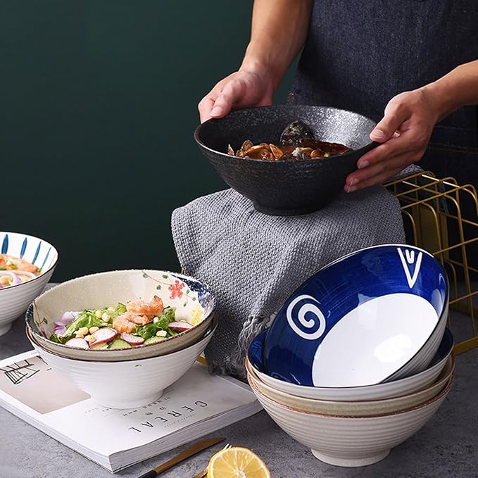 40 OZ ceramic ramen bowls, 8 IN large Japanese noodle soup bowl, match chopsticks and spoons, suitable for Pho, Udon Asian noodles (Black color)
