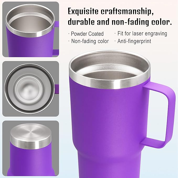 20 oz Tumbler with Handle and Lid, Stainless Steel Tumbler Insulated Travel Coffee Mug, Spill Proof Double Wall Vacuum Tumbler Cup Keep Drink Hot & Cold, Purple, 12 Pack