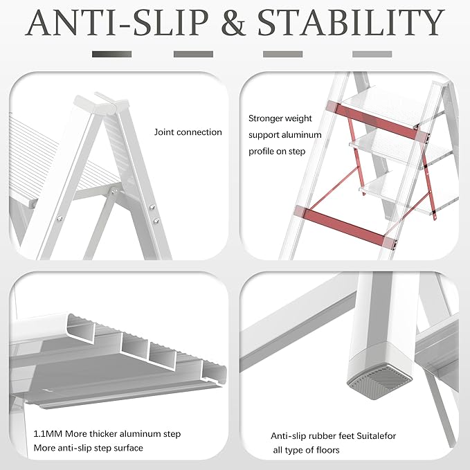 4 Step Ladder, Portable Folding, Lightweight Step Ladder with Anti-Slip Pedal, Aluminum Indoor Ladder and Closet, Kitchen, 330lbs - White