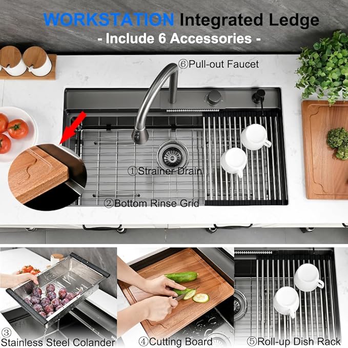 33 Undermount Kitchen Sink with Faucet, 33x19 Black Stainless Steel Workstation Undermount Waterfall Kitchen Sink Dual Mount Pull Down Sprayer Faucet