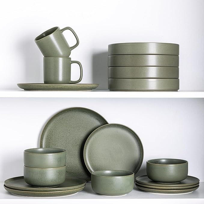 LERATIO Stoneware Dinnerware Sets for 4,Handcarft Ceramic Plates and Bowls Sets,Chip and Scratch Resistant Dishes, Dishwasher & Microwave Safe, Oven safe,Reactive Glaze-Green