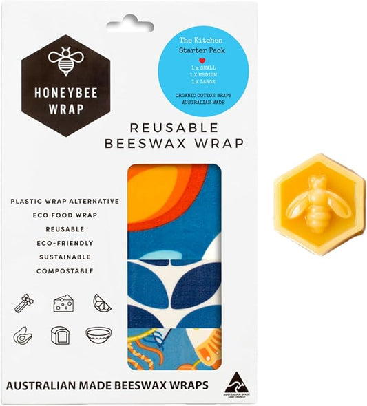 Honeybee Beeswax Wraps - Kitchen Starter Pack with Wax Replenish Block - Certified Organic Cotton Beeswax Wrap - Reusable Beeswax Food Wrap - 3 Pack - Small, Medium & Large
