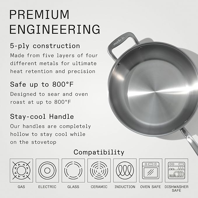 Made In Cookware - 5 Quart Stainless Steel Saucier Pan - 5 Ply Stainless Clad - Professional Cookware - Crafted in Italy - Induction Compatible
