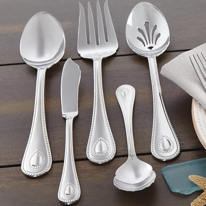 Lenox Silverware Set For 12, French Perle 65-Piece Flatware Set with Serving Utensils, Service For 12, Elegant 18/10 Stainless Steel Utensils with Beading, Knives Spoons & Forks (Silver, 65 Piece)