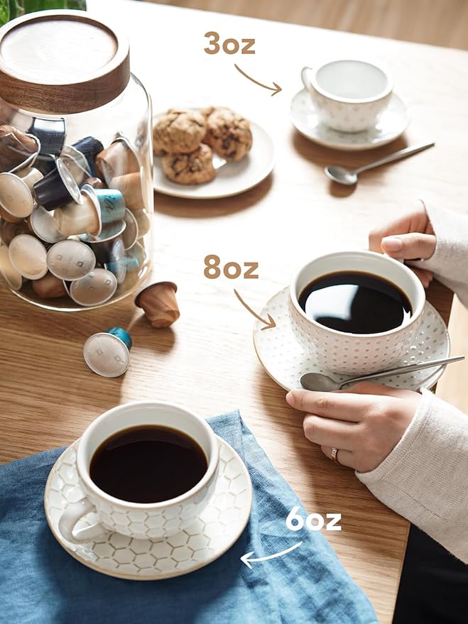 LE TAUCI Cappuccino Cups with Saucers 8 oz, Ceramic Large Coffee Cup for Au Lait, Double shot, Latte, Cafe Mocha, Tea, Dishwasher Safe - Set of 4, Arctic white