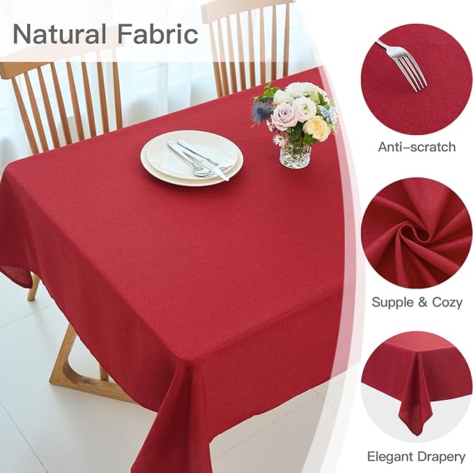 maxmill Square Linen Textured Tablecloth Waterproof Spillproof Wrinkle Resistant Wipeable Slubby Textured Dining Room Table Cloth Christmas Party Washable Fabric Tablecloths, 60 x 60 Inch, Red
