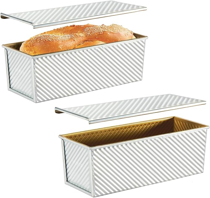 CURTA Commercial Pullman Loaf Pan with Lid 2.2 lb Dough Capacity Non-Stick Bakeware for Baking Bread Corrugated Bread Toast Box Mold Extra Large Loaf Pan Silver 2 pcs