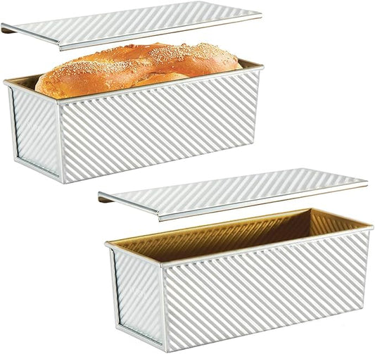 CURTA Commercial Pullman Loaf Pan with Lid 2.2 lb Dough Capacity Non-Stick Bakeware for Baking Bread Corrugated Bread Toast Box Mold Extra Large Loaf Pan Silver 2 pcs