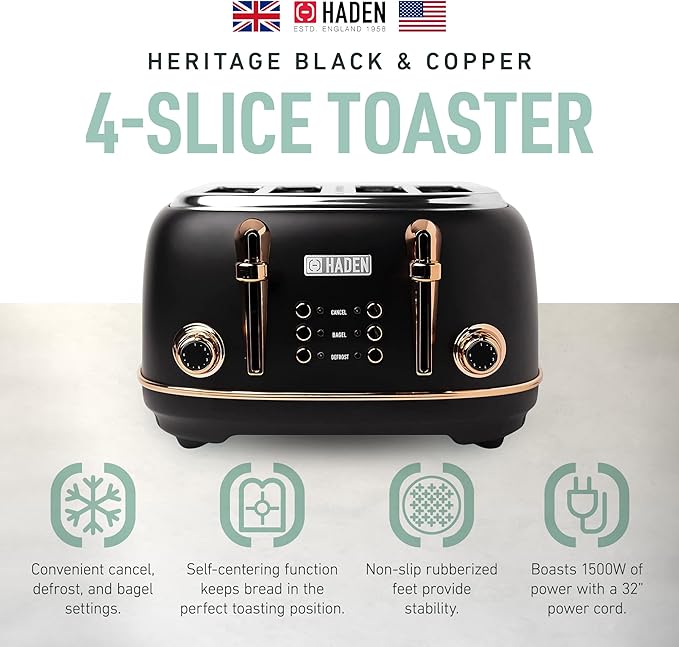 HADEN Heritage 4-Slice Toaster with Extra Wide Slots, 1500-Watt, Black & Copper - Retro Stainless Steel Design with Self-Centering Function, Adjustable Browning Control & Removable Crumb Tray