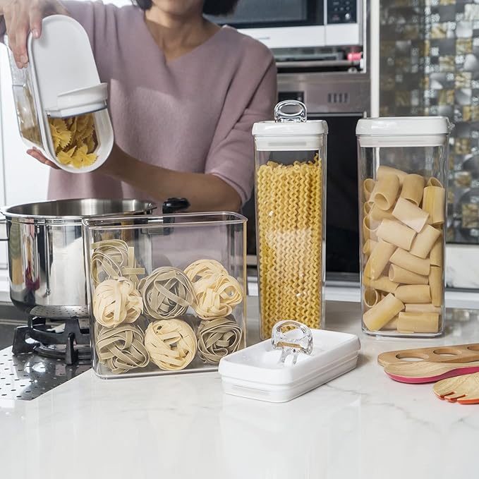 Felli Flip Tite TALL Storage Container with Lid 4" Air Tight Easy Open Ring Top, Clear Acrylic Skinny Canister Jar for Spaghetti Lasagna Fettuccine Noodle, Kitchen Cupboard Pantry Organizer (2.0 qt)
