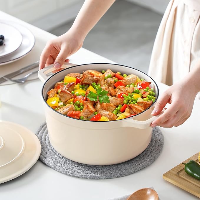 vancasso Cast Iron Dutch Oven, 6 QT Round Pot with Lid and Dual Handles, Non Stick Enamel Coating for Bread Baking, White