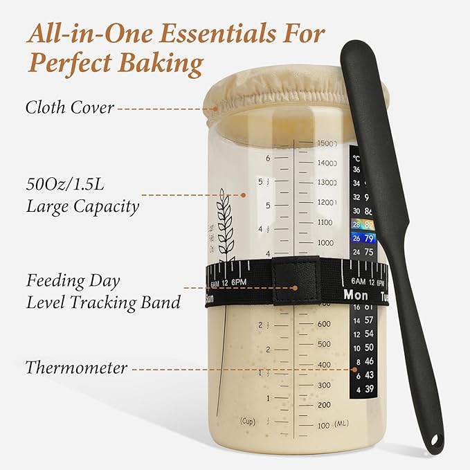 Handmade Cotton Rope Banneton Bread Proofing Basket Set, 50oz Sourdough Starter Jar - Oval & Round Bread Baskets, Sourdough Starter Kit, Bread Making Tools Kit, Black