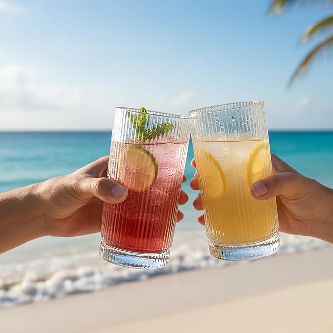 Vintage Ribbed Glassware Set, 16oz Drinking Glasses, Origami Style Set of 4, Fluted Design, Ideal for Water, Iced Coffee, Juice, Beer, Milk, Gift (16oz with lids and straws)