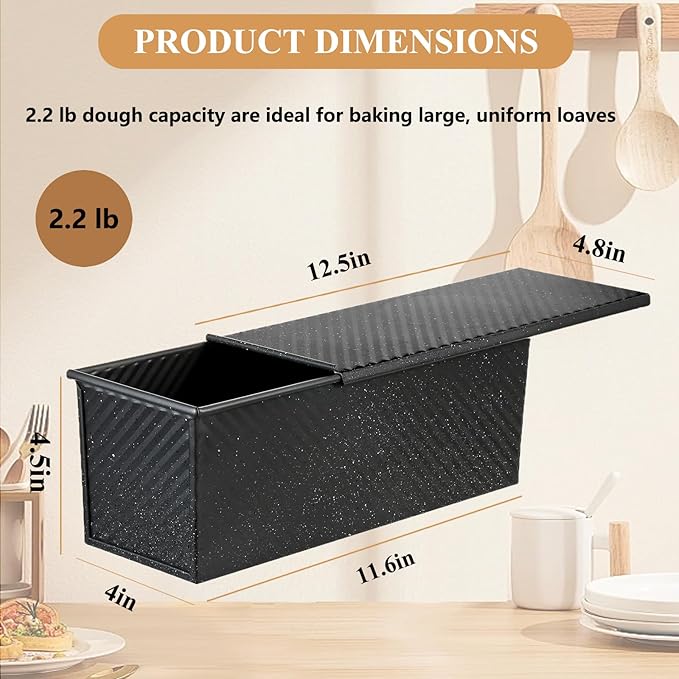 SS&CC Pullman Loaf Pan with Lid 13x4 | 2.2lb Carbon Steel Bread Pan for Homemade Sourdough & Sandwich Bread | Nonstick Bakeware, Heavy Duty & Easy Clean (Black, 2.2lb)