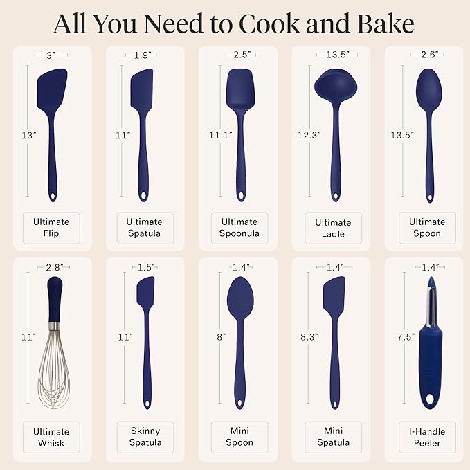 GIR: Get It Right 10-Piece Silicone Ultimate Kitchen Utensil Set – Spatulas, Ladle, Flip, Spoons, Whisk, Peeler & Spoonula – Nonstick, Non-Toxic, Heat-Resistant – Navy