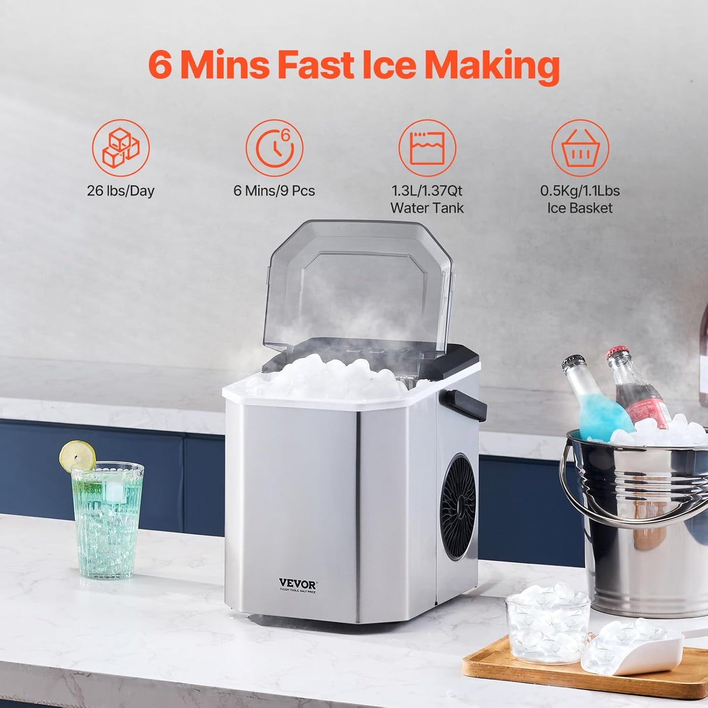 VEVOR Countertop Ice Maker, 9 Cubes Ready in 6 Mins, 26lbs in 24Hrs, Self-Cleaning Portable Ice Maker with Ice Scoop and Basket, Ice Machine with 2 Sizes Bullet Ice for Home Kitchen Office Bar Party